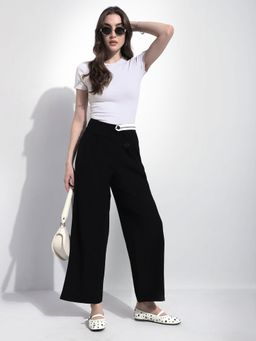 SHOWOFFFF - Edition Womens Black Pleated Trousers with Contrast Button Waistband