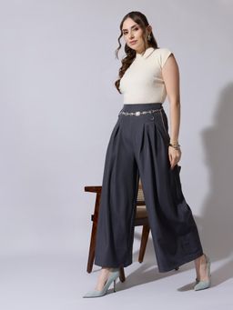 SHOWOFFFF - Edition Womens Grey Wide Leg Trousers with Belt (Set of 2)