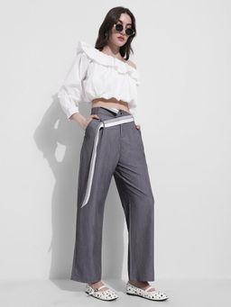 SHOWOFFFF - Edition Womens Grey Pleated Trousers with Contrast Belt Detail