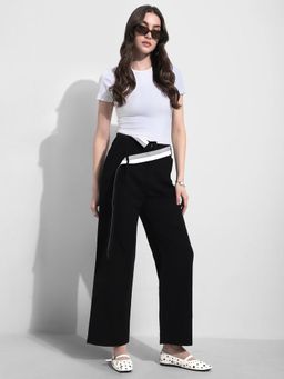 SHOWOFFFF - Edition Womens Black Pleated Trousers with Contrast Belt Detail