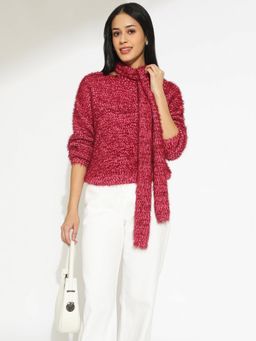 SHOWOFFFF - Women Pink V-Neck Knitted Top with Scarf (Set of 2)