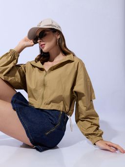 SHOWOFFFF - Womens Khaki Shirt Collar Crop Tailored Jacket