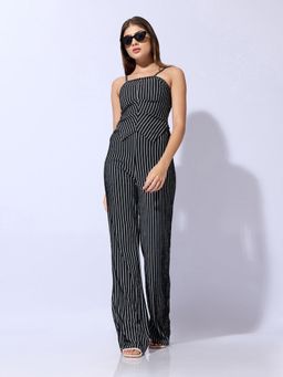 SHOWOFFFF - Women Black Square Neck Stripes Top with Pant