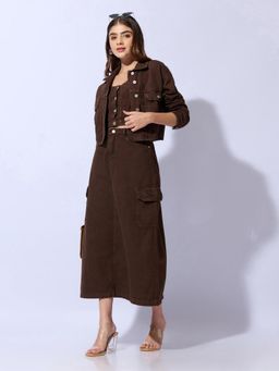 SHOWOFFFF - Women Brown Collar Neck Solid Top with Skirt with Jacket