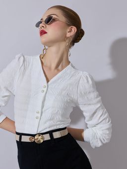 SHOWOFFFF - Classic Women White Textured Top