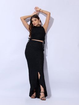 SHOWOFFFF - Women Black Crew Neck Textured Top with Skirt