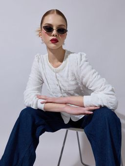 SHOWOFFFF - Women White Textured Top