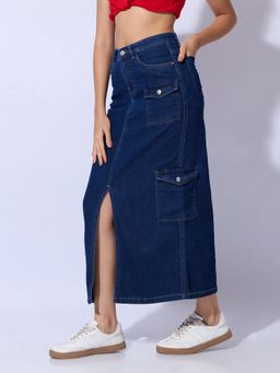 SHOWOFFFF - Women Navy Blue Denim Cargo Skirt with Front Slit