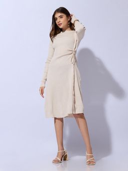 SHOWOFFFF - Women Ribbed Beige Side Drawstring Detail Bodycon Knee Length Dress