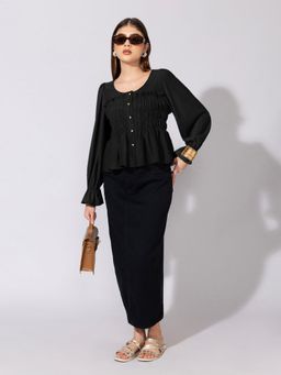 SHOWOFFFF - Women Black Round Neck Long Sleeve Smocked Top