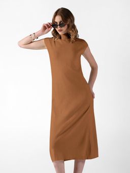 SHOWOFFFF - Women Ribbed Brown High Neck Dress