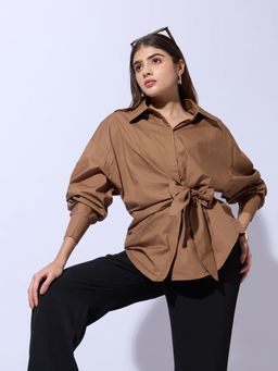 SHOWOFFFF - Women Camel Brown Oversized Tie-Up Shirt