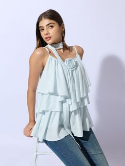 SHOWOFFFF - Women Blue Layered Ruffle Top with Scarf Tie