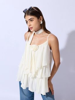 SHOWOFFFF - Women Cream Layered Ruffle Top with Scarf Tie