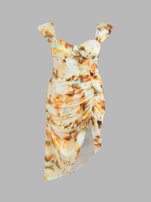 illusion ruched midi dress cider CIDER Illusion Ruched Lightweight Satin Midi Dress Sculpted Silhouette Bold Abstract Print for Weddings Graduation Vacation Evenings Summer,S/Sky Blue
