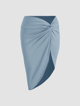 Cider - Solid Rib Ruched Asymmetrical Hem Midi Skirt Curve & Plus