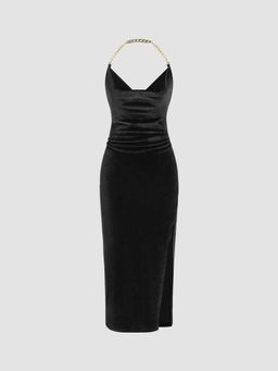 Cider - Chain Halter Velvet Cowl Neck Slit Dress