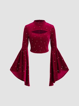 Cider - Velvet Star Pattern Bell Sleeve Crop Top