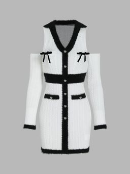 Cider - Knit Bowknot V Neck Mini Dress