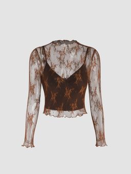 Cider - High Neck Lace Floral Blouse & Solid Crop Cami Top (Set of 2)