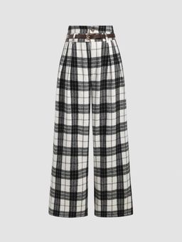 Cider - Houndstooth High Waist Belted Wide Leg Trouser
