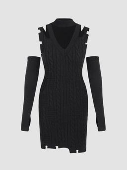 Cider - Knit Cable Knit Ripped Mini Dress with Oversleeves