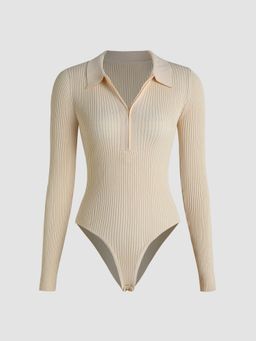 Cider - Solid Rib Zip Up Collar Knitted Bodysuit