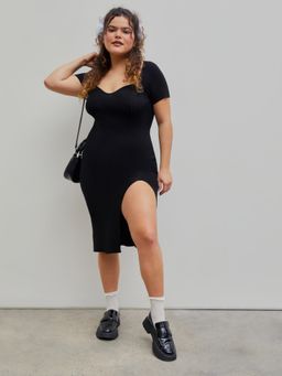 Cider - Knit Rib V Neck Split Midi Dress Curve & Plus