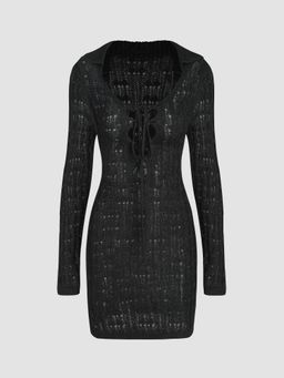 Cider - Knit Solid Collar Knotted Hollow Out Mini Dress