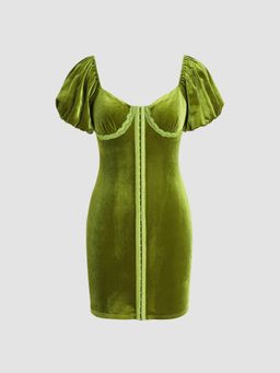 Cider - Solid Velvet Buckle Up Sweetheart Mini Dress