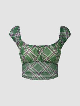 Cider - Plaid Square Neck Short Sleeve Blouse Top