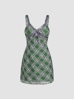 Cider - Check Sweetheart Bowknot Mini Dress