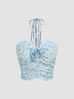 Cider - Floral Halter Ruched Crop Tank Top