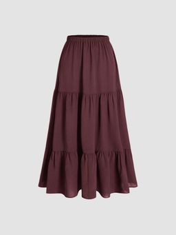 Cider - Solid Elastic Waist Ruffle Hem Tiered Midi Skirt
