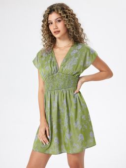 Cider - Floral Print Shirred Short Dress