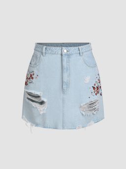 Cider - Floral Embroidery Ripped Denim Mini Skirt Curve & Plus
