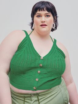 Cider - Halter Knitted Button Up Crop Cami Top Curve & Plus