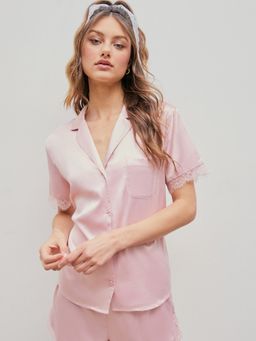 Cider - Satin Collar Lace Button Up Pajama Top