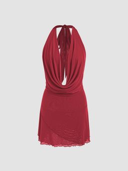 Cider - Mesh Halter Knotted Cowl Neck Mini Dress