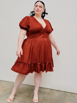 Cider - V Neck Lace Trim Ruffle Puff Sleeve Mini Dress Curve & Plus