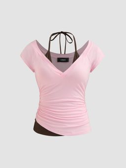 Cider - Halter Neckline Patchy Short Sleeve Top