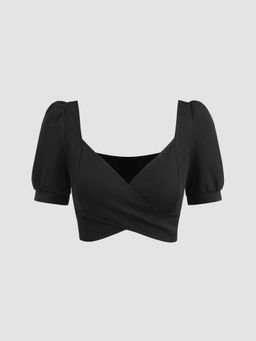 Cider - V Neck Short Sleeve Crop Top