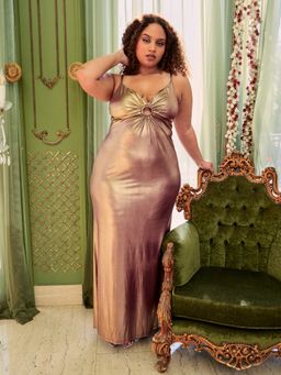 Cider - Metallic V Neck O Ring Solid Maxi Dress Curve & Plus