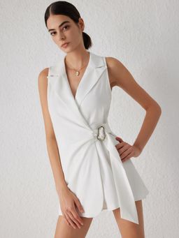 Cider - Solid V Neck Pleated Asymmetrical Romper