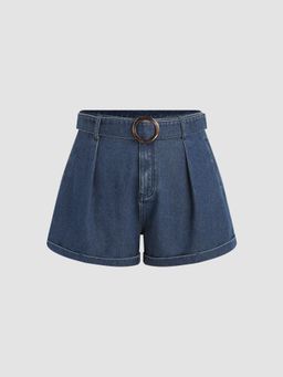 Cider - Belted Pleated Wide Leg Denim Shorts Curve & Plus