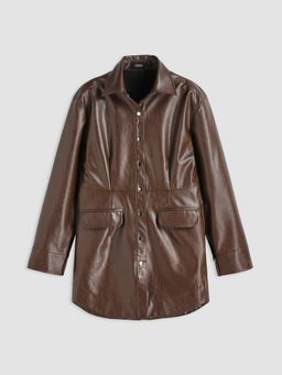 Cider - Faux Leather Collar Solid Pocket Shacket