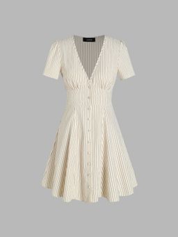 Cider - Santorini Beach Vacation V Neck Striped Ruffle Mini Dress