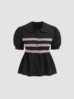 Cider - Puff Sleeve Collar Lace Blouse Top