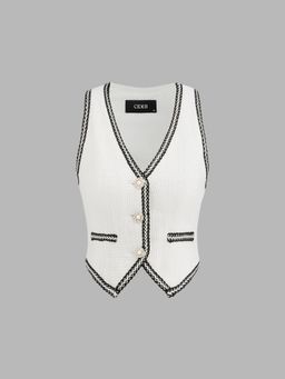 Cider - Tweed V Neck Solid Button Crop Vest