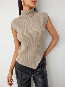 Cider - Wool Blend Knit High Neck Solid Asymmetrical Vest Top